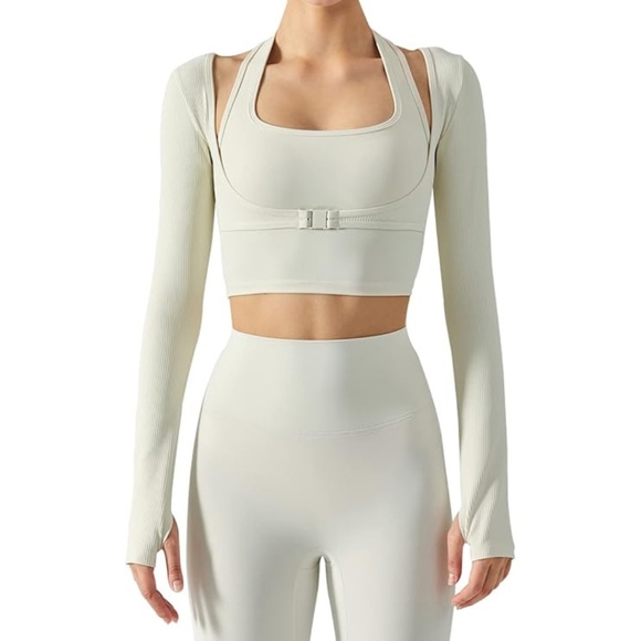 NEW Crop Top Workout Top Stretch Cutout Long Sleeve with Thumbholes - Picture 1 of 11